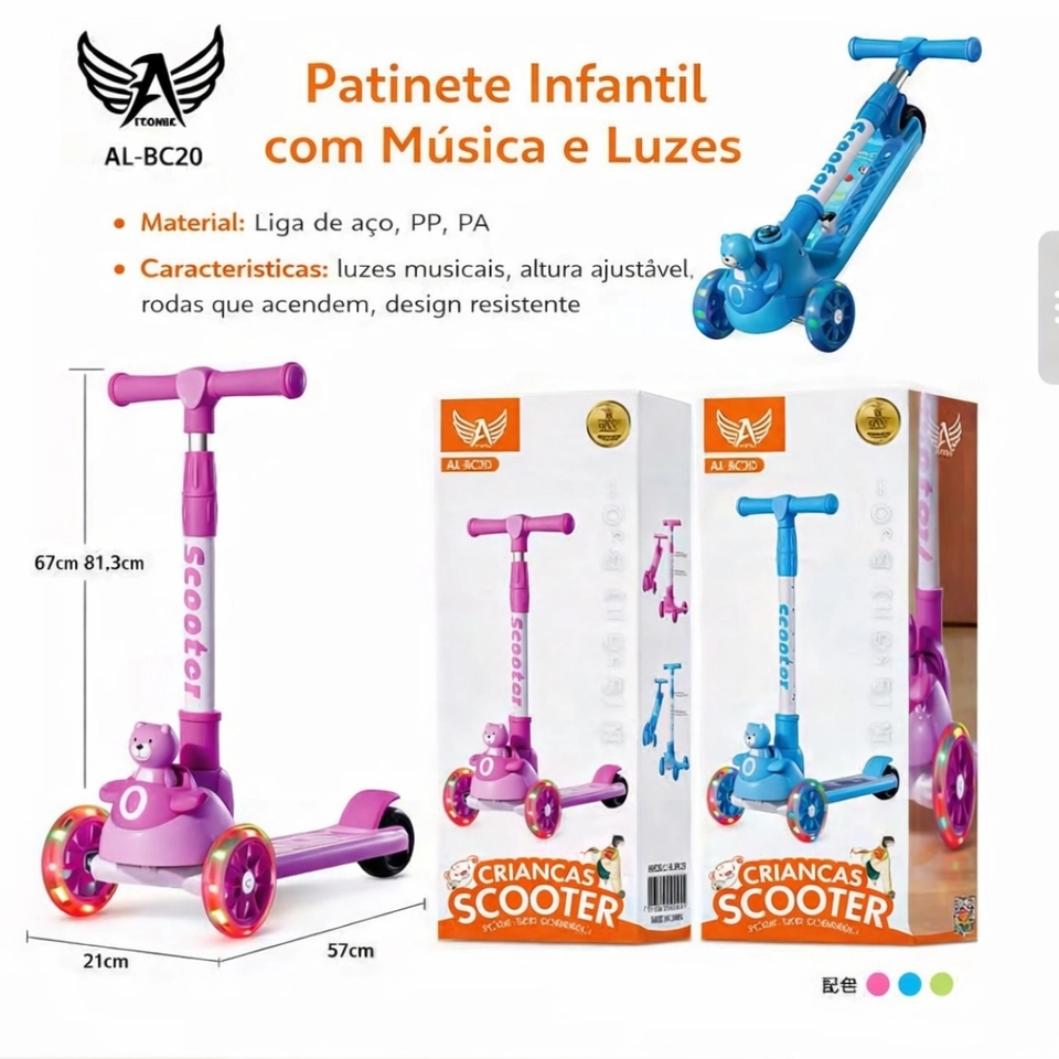 Patinete infantil 3 rodas com led ajustável scooter dobrável menino menina - 5