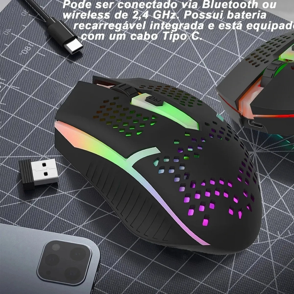 Mouse Gamer Sem Fio Recarregável com LED RGB, Bluetooth e Conexão 2.4 GHz Compatível - 7