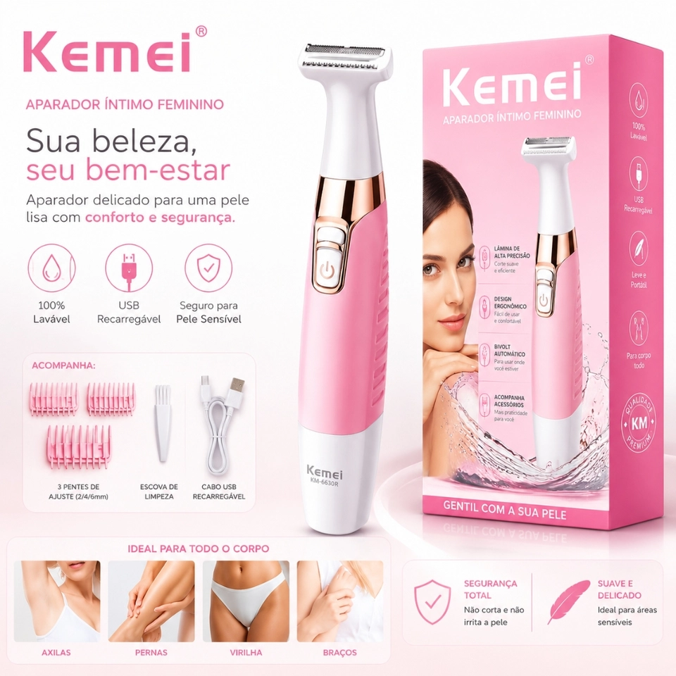 Aparador de Pelos Feminino Kemei KM-1900 3W Recarregável, Lavável e Resistente à Água Sem Fio Portátil Bivolt - imagem 3