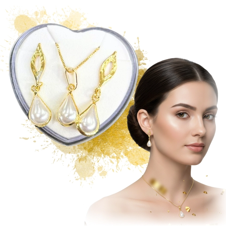 Conjunto Pérola Elegance – Colar e Brincos Banhados a Ouro 18k com Pérola Gota - imagem 1