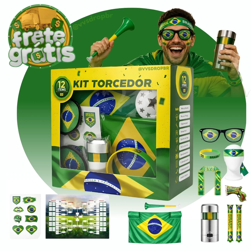Kit Torcedor 12 Itens Completo Para Copa Do Mundo 2026 Torcida Seleção Brasileira Pulseira Corneta Bandeira Óculos - imagem 1