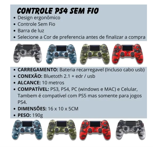 Controle camuflado compatível com Ps4 sem fio joystick com cabo carregável - 3