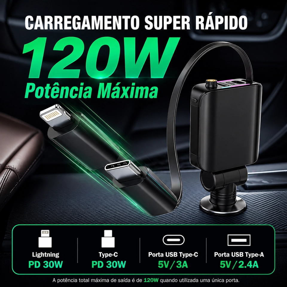 Carregador de Carro 120W USB-C Retrátil - Carga Rápida iPhone 15/14/13, Samsung - Luz LED 12V/24V - imagem 2