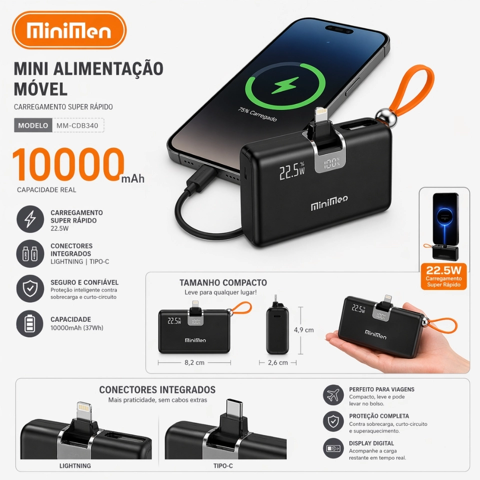 Carregador Portátil Mini Power Bank 10000mAh Com 02 Saídas Tipo-C / Lightning Minimen - 2