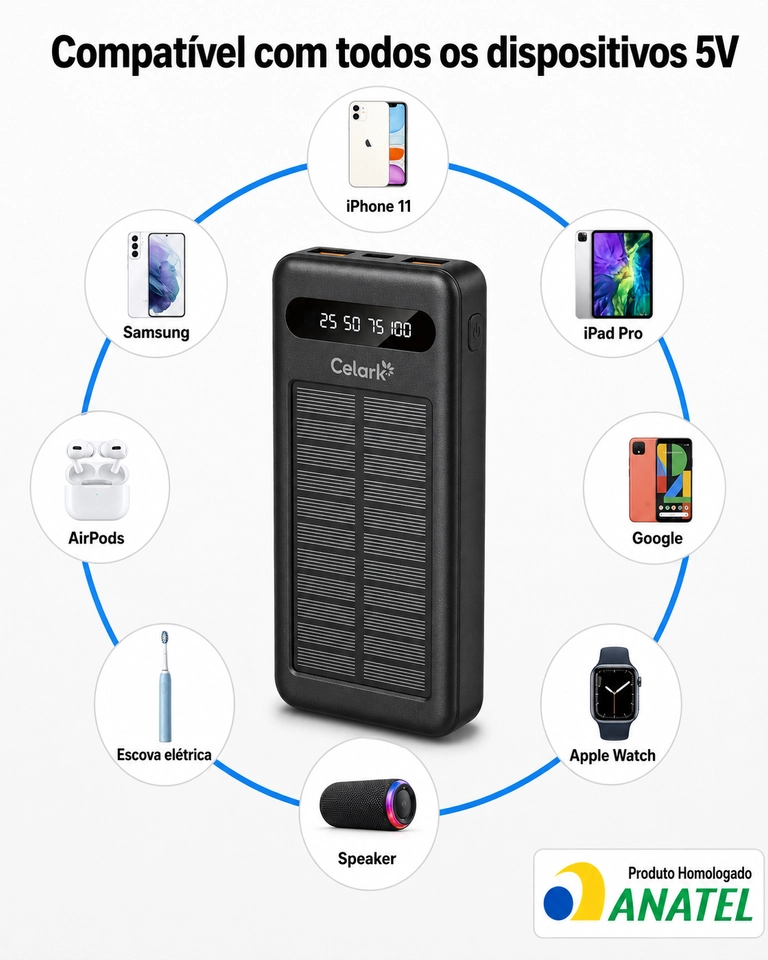Power Bank Solar Celark 10000mAh 22.5W PD com 3 Cabos Embutidos USB Tipo-C iPhone Micro USB e Display LED - imagem 4