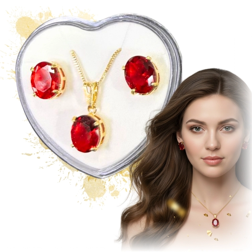 Conjunto Rubi Luxo Premium – Colar e Brincos Banhados a Ouro 18k com Pedra Rubi Oval - imagem 1