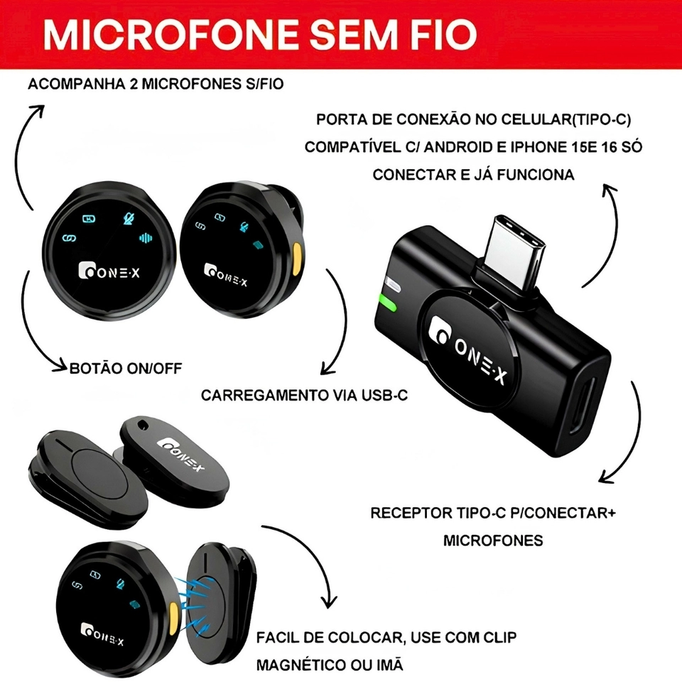Microfone Lapela Redondo Sem Fio Duplo ONEX Profissional Portátil com Imã Magnético e Redução de Ruído – Tipo-C Compatível com Android e iPhone 15/16/17 para Gravação, Lives e Vídeos - imagem 3