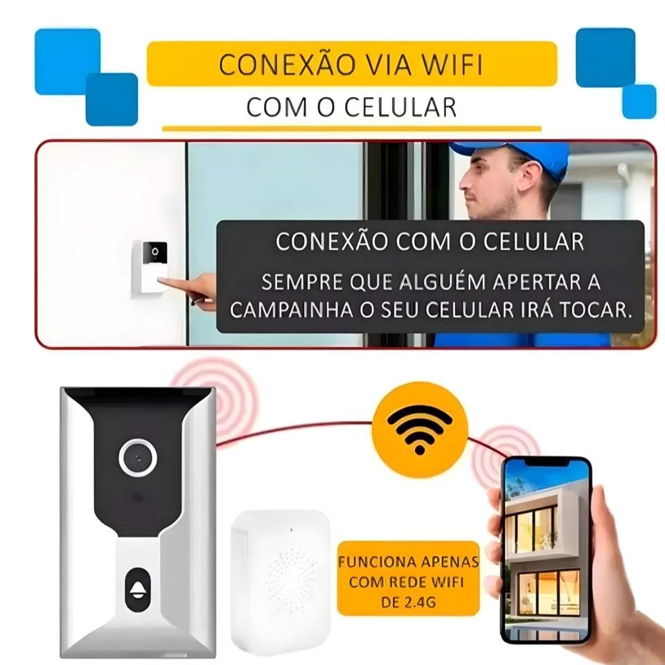 Campainha Com Câmera Vídeo Porteiro Sem Fio Wi-Fi HD Inteligente Smart Home Vê Pelo Celular Recarregável - 4