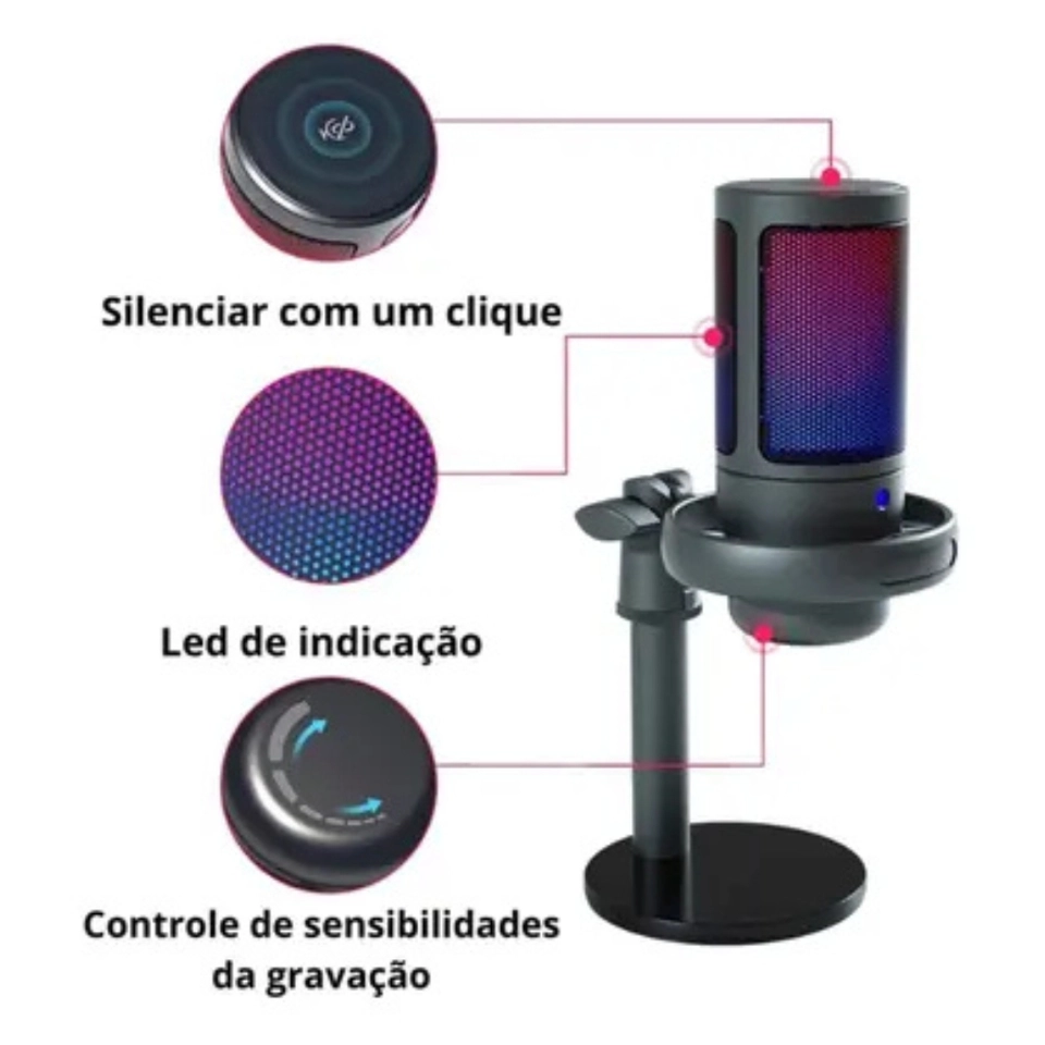 Microfone Gamer Condensador Profissional Rgb Alta Qualidade - imagem 3