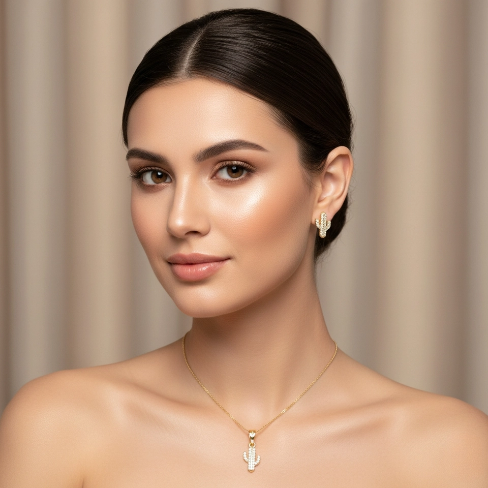 Conjunto Cacto Dourado – Colar e Brincos Banhados a Ouro 18k com Zircônias - imagem 3