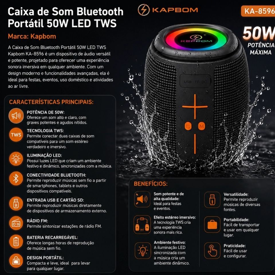 Caixa de som portátil Bluetooth Kapbom KA-8596 50W TWS LED/USB/SD/FM com graves potentes - 6