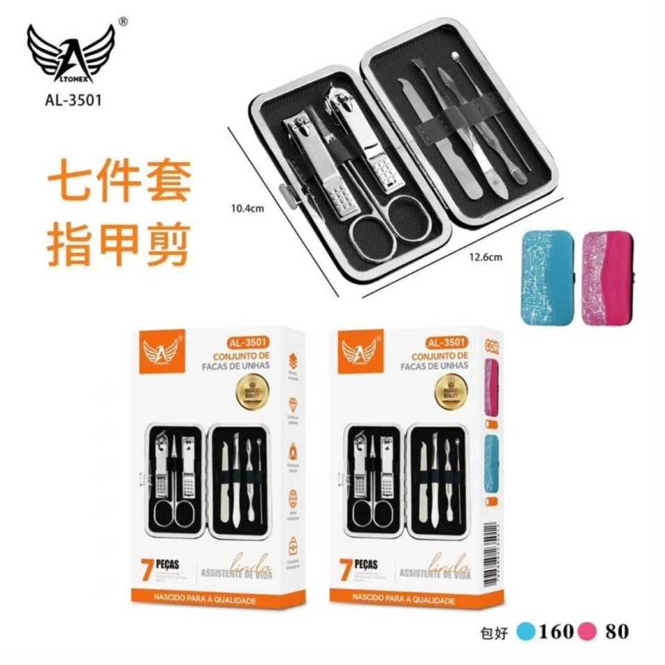 Kit 7 Peças Completo Cortador de Unha, Cutícula, Pinça, Tesoura, Lixa - AL-3501 Altomex - 7
