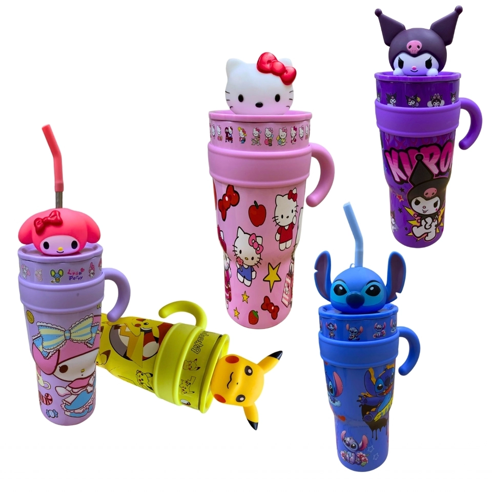 Copo Térmico 1200ml Inox com Canudo Personagens 3D Infantil – Stitch Hello Kitty Pikachu Kuromi - 6