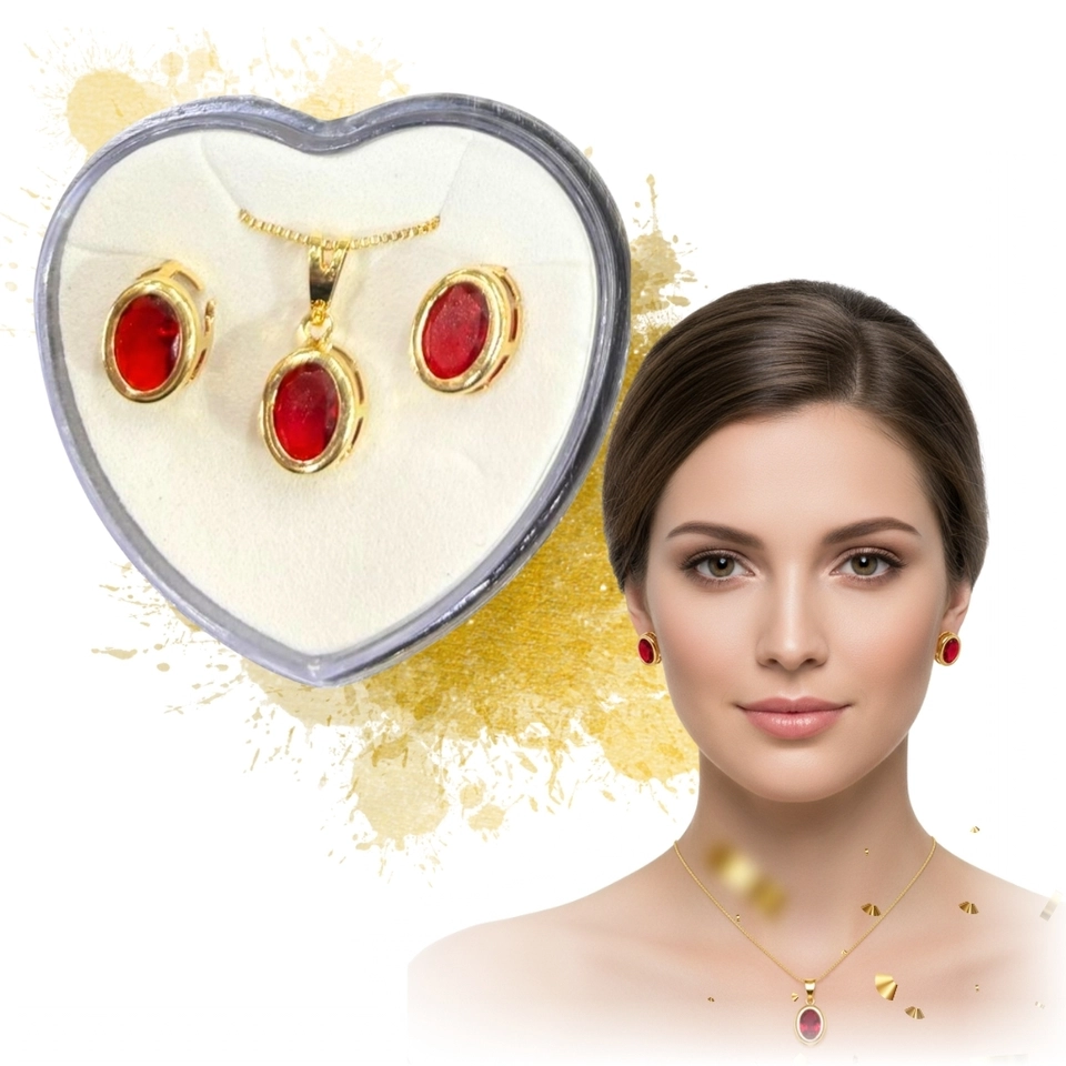 Conjunto Rubi Clássico – Colar e Brincos Banhados a Ouro 18k com Pedra Vermelha Oval - imagem 1