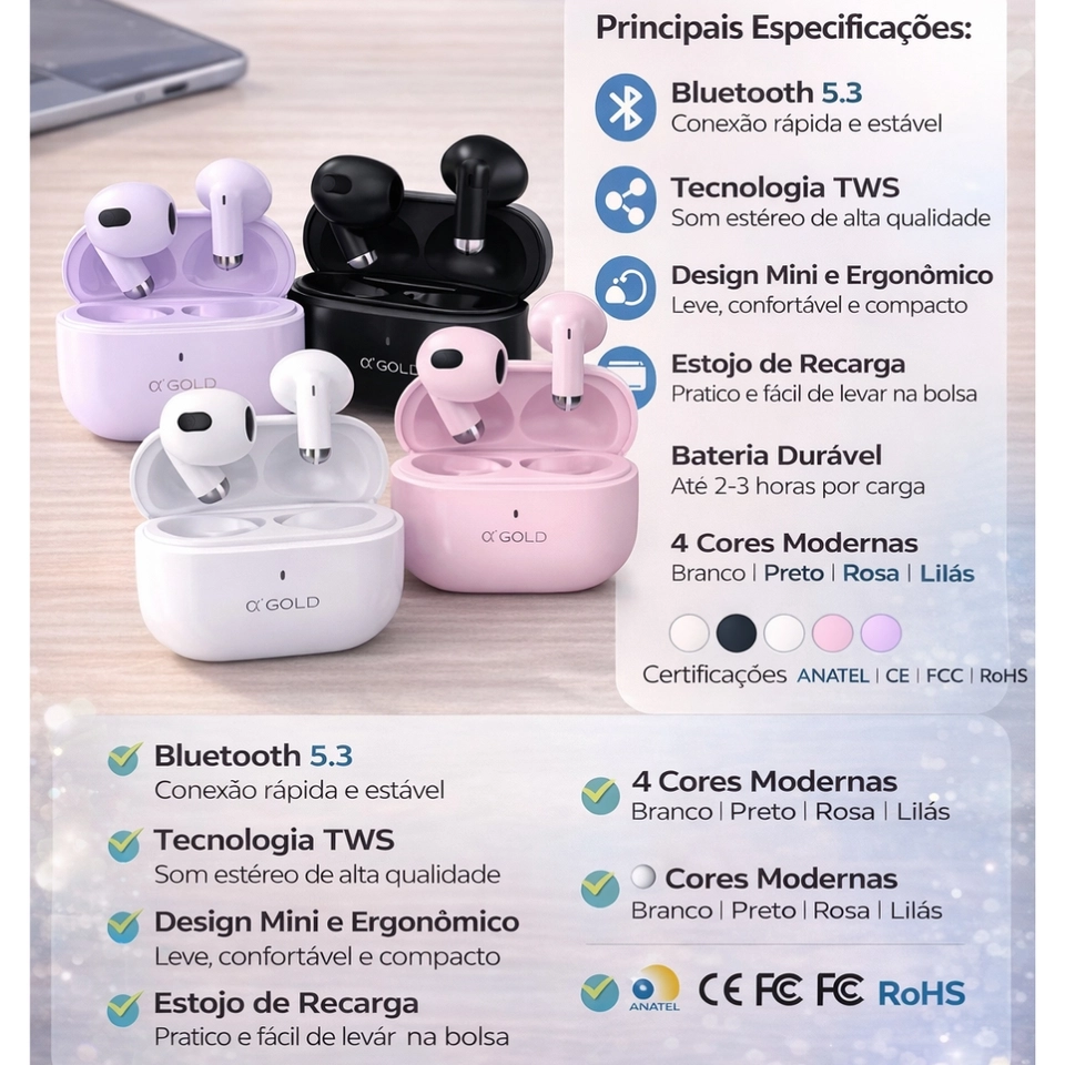 Mini Fone de Ouvido Bluetooth α’GOLD PLUS FN-BA28 TWS Sem Fio Compacto - imagem 3