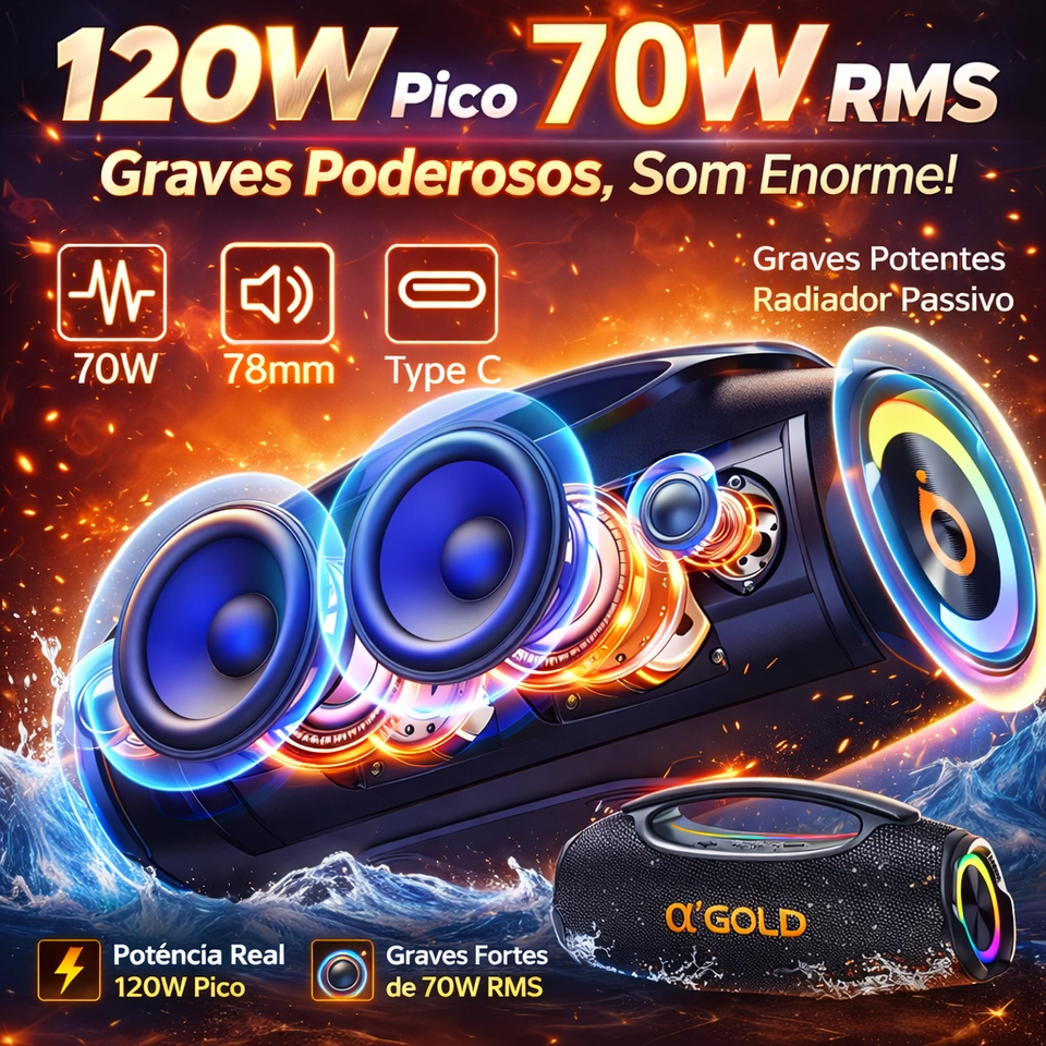 Caixa De Som Bluetooth 70w Rms Som Alto E Graves Potentes TWS IPX6 Aprova d'água - imagem 4