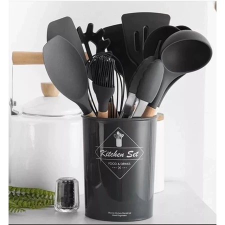 Kit C/12 Peças Utensílios De Cozinha Colheres Espatula Silicone Cabo Madeira Decoração Livre BPA - 2