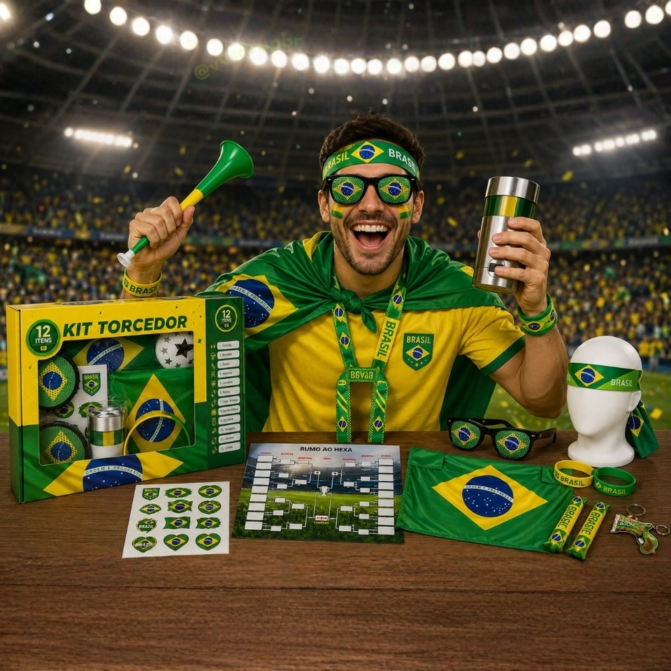 Kit Torcedor 12 Itens Completo Para Copa Do Mundo 2026 Torcida Seleção Brasileira Pulseira Corneta Bandeira Óculos - imagem 2