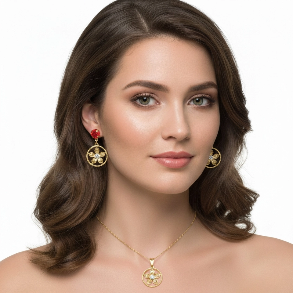 Conjunto Flor Radiante – Colar e Brincos Banhados a Ouro 18k com Pedra Vermelha e Detalhe Floral - imagem 2