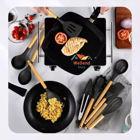 Kit C/12 Peças Utensílios De Cozinha Colheres Espatula Silicone Cabo Madeira Decoração Livre BPA - 8