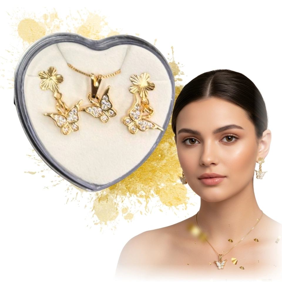 Conjunto Borboleta Radiante – Colar e Brincos Banhados a Ouro 18k com Zircônias - imagem 1