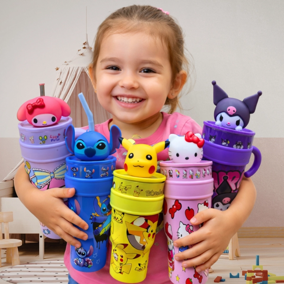 Copo Térmico 1200ml Inox com Canudo Personagens 3D Infantil – Stitch Hello Kitty Pikachu Kuromi - imagem 2