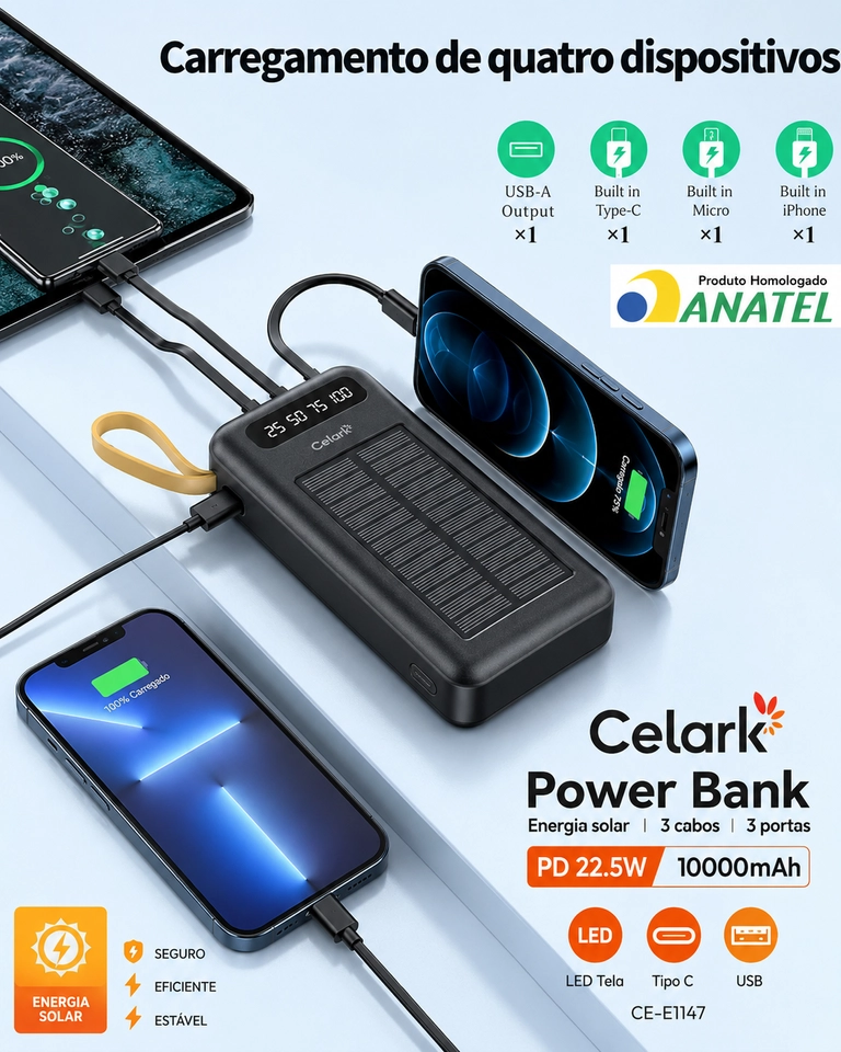 Power Bank Solar Celark 10000mAh 22.5W PD com 3 Cabos Embutidos USB Tipo-C iPhone Micro USB e Display LED - imagem 5