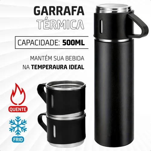 Garrafa Térmica Parede Dupla 500ml Antivazamento Aço Inox Com Kit 3 Xícara Café Agua Suco Bebidas Quentes E Frias - imagem 4