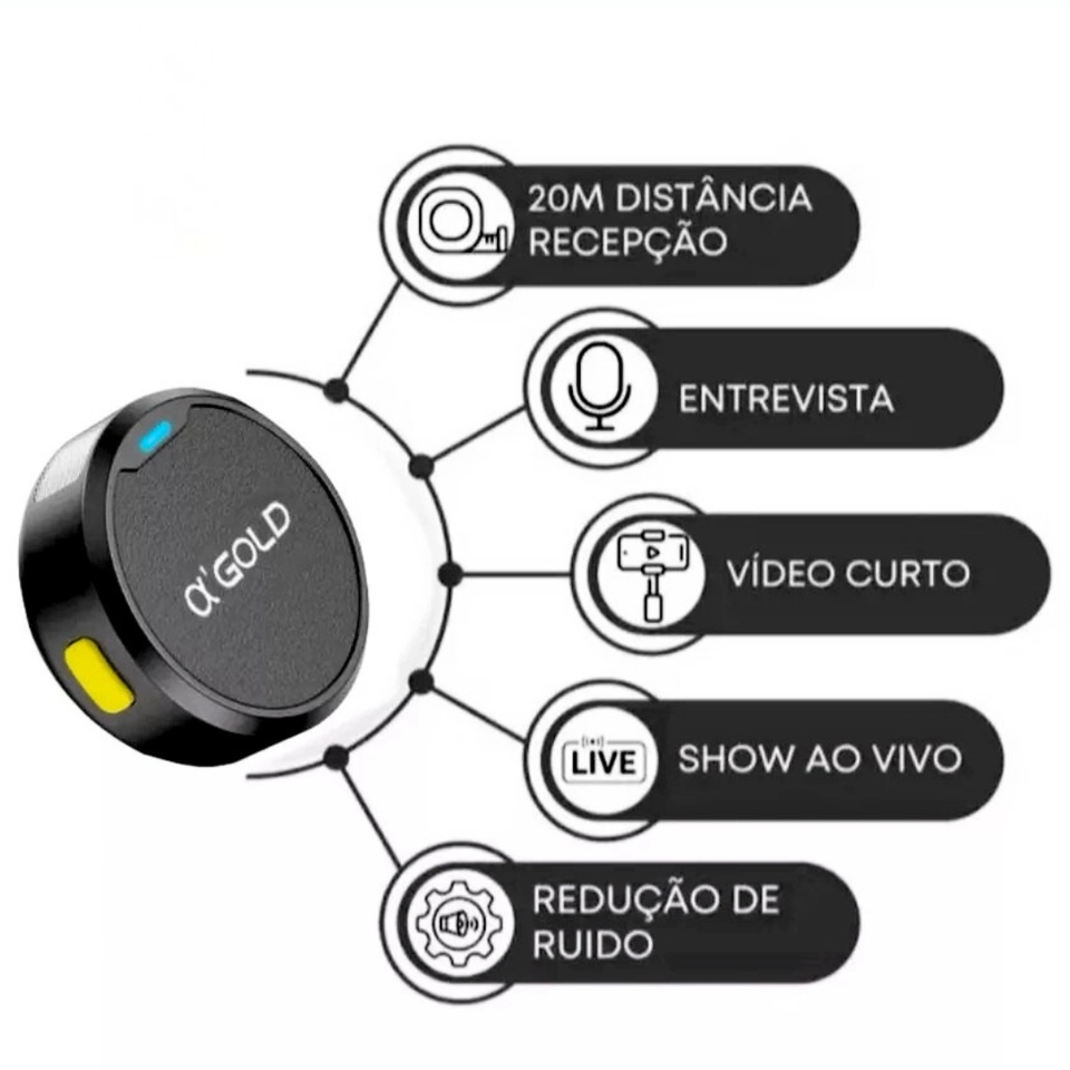 Microfone de lapela duplo redondo magnético A’Gold 2 em 1 iphone tipo c discreto entrevista podcast video - 8