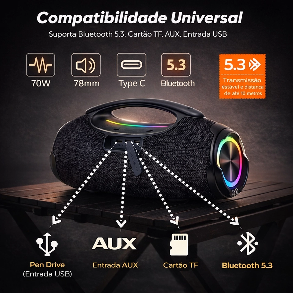 Caixa De Som Bluetooth 70w Rms Som Alto E Graves Potentes TWS IPX6 Aprova d'água - 6