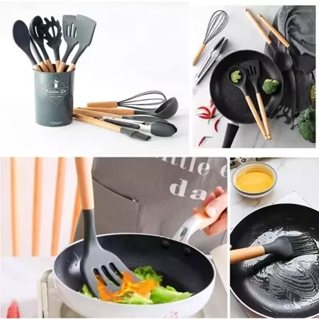 Kit C/12 Peças Utensílios De Cozinha Colheres Espatula Silicone Cabo Madeira Decoração Livre BPA - 6