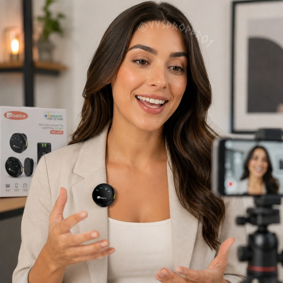 Microfone Lapela Redondo Sem Fio Duplo ONEX Profissional Portátil com Imã Magnético e Redução de Ruído – Tipo-C Compatível com Android e iPhone 15/16/17 para Gravação, Lives e Vídeos - imagem 2