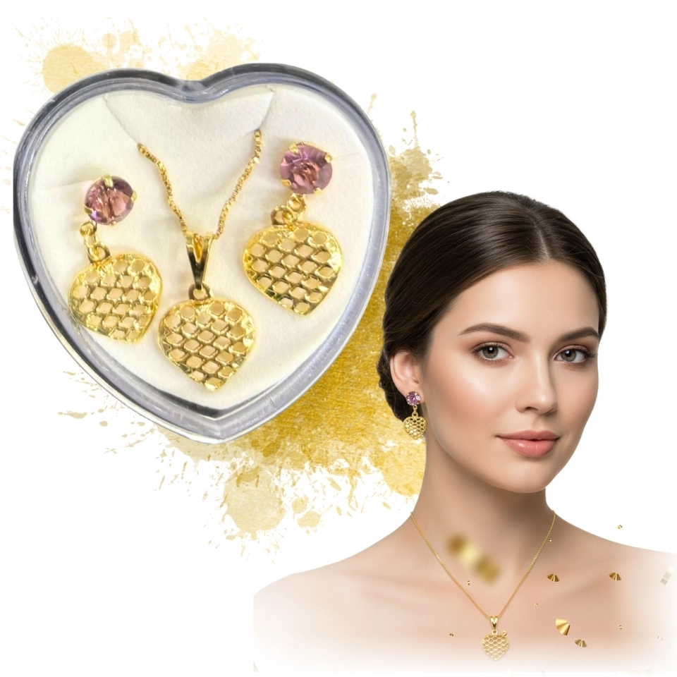 Conjunto Coração Luxo – Colar e Brincos Banhados a Ouro 18k com Pedra Roxa - imagem 1