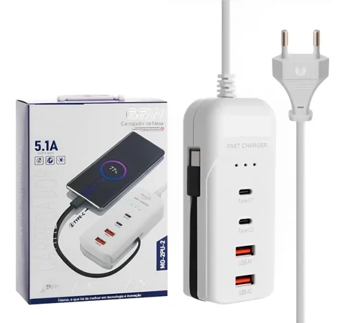 Carregador Turbo Universal USB Tipo C 66W Ultra Rápido 5.1A 2x Portas USB 2 Portas Tipo C 1 Cabo Tipo C Extensão Com Cab - imagem 1