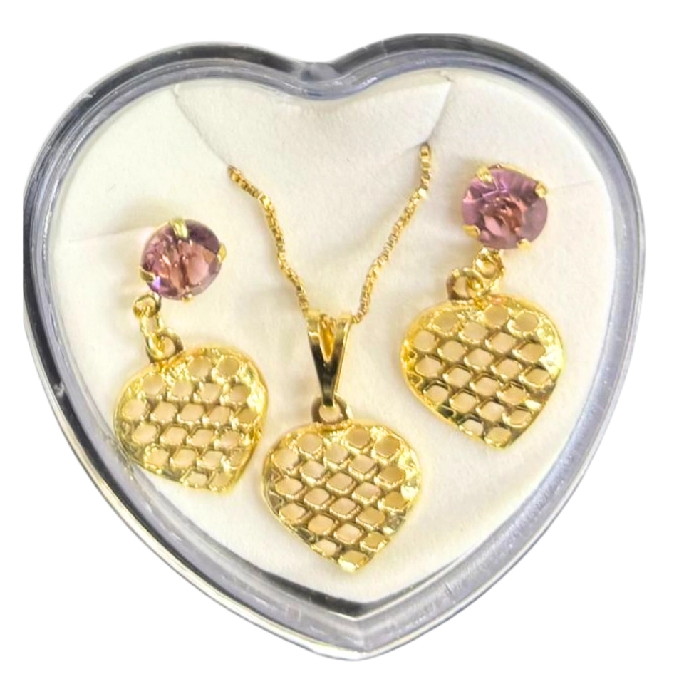 Conjunto Coração Luxo – Colar e Brincos Banhados a Ouro 18k com Pedra Roxa - imagem 3