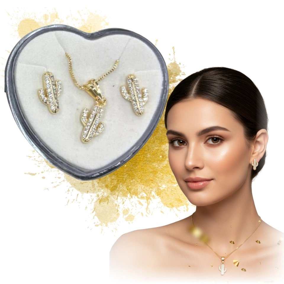 Conjunto Cacto Dourado – Colar e Brincos Banhados a Ouro 18k com Zircônias - imagem 1