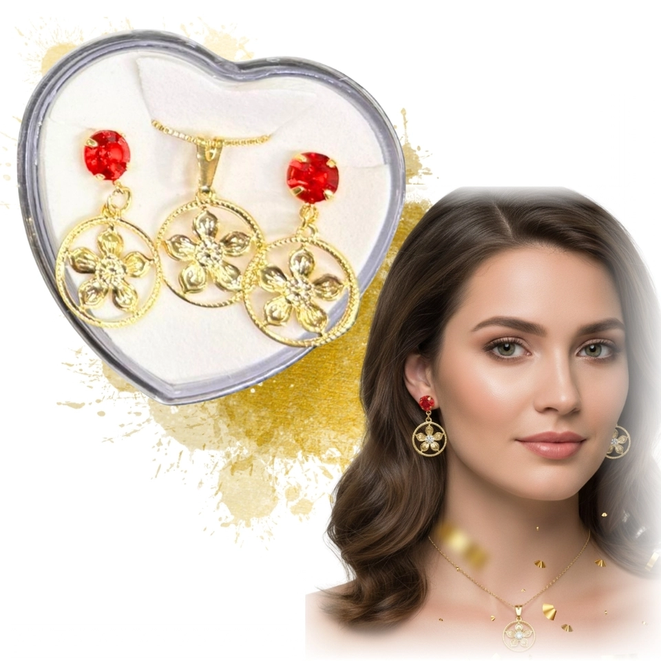 Conjunto Flor Radiante – Colar e Brincos Banhados a Ouro 18k com Pedra Vermelha e Detalhe Floral - imagem 1