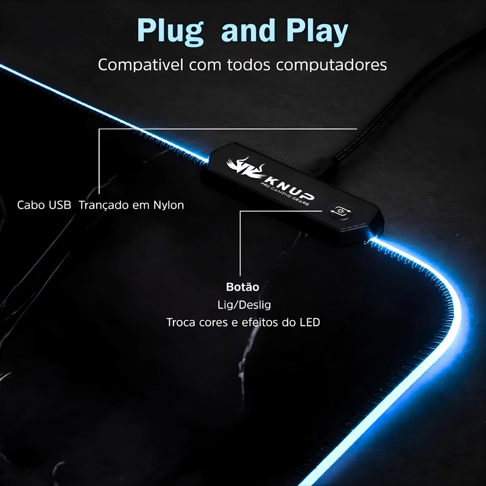 Mousepad Gamer LED RGB 80x30cm Base Borracha Superfície Tecido USB Antiderrapante - imagem 4