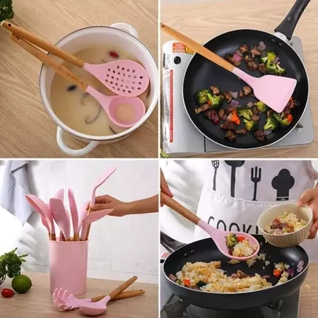 Kit C/12 Peças Utensílios De Cozinha Colheres Espatula Silicone Cabo Madeira Decoração Livre BPA - 4