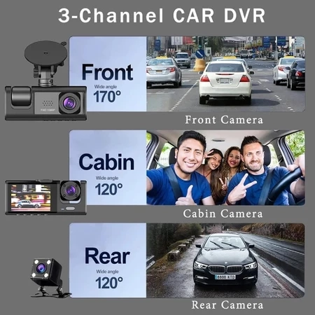 Câmera de Segurança Veicular 3 Lentes 1080P | DVR com Gravação Frontal, Traseira e Interna - 5