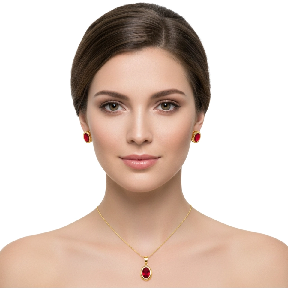Conjunto Rubi Clássico – Colar e Brincos Banhados a Ouro 18k com Pedra Vermelha Oval - imagem 2