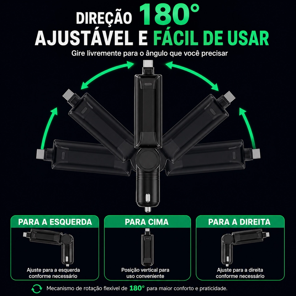 Carregador de Carro 120W USB-C Retrátil - Carga Rápida iPhone 15/14/13, Samsung - Luz LED 12V/24V - 8
