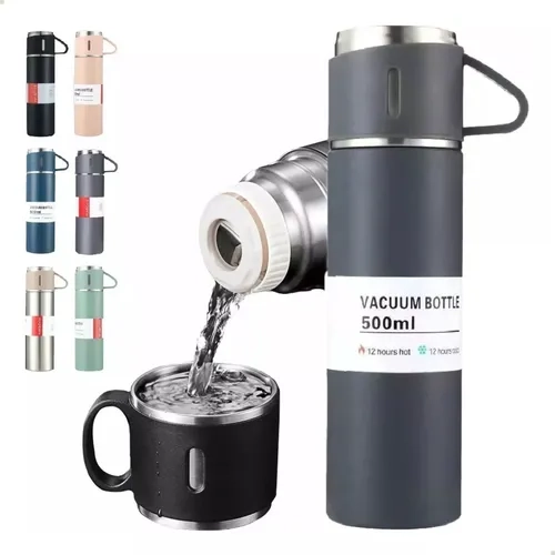 Garrafa Térmica Parede Dupla 500ml Antivazamento Aço Inox Com Kit 3 Xícara Café Agua Suco Bebidas Quentes E Frias - imagem 2