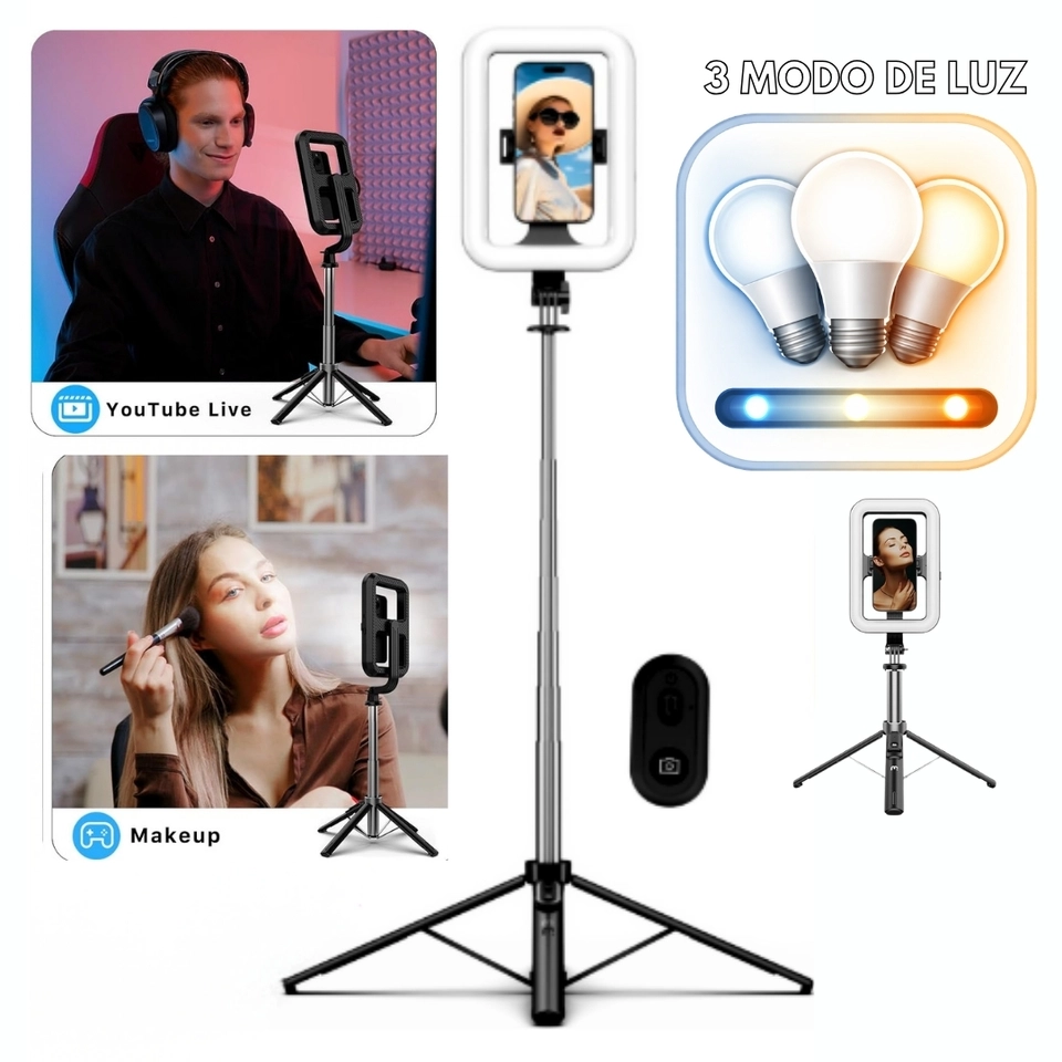 Tripé Ring Light Metros Controle Bluetooth e Suporte Celular  - 1
