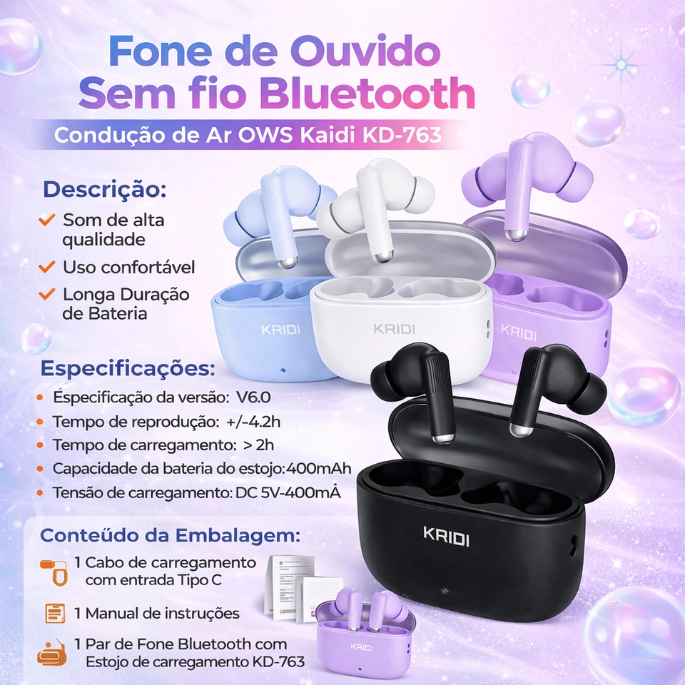 Fone de Ouvido Sem Fio Bluetooth Kaidi 763 Original Para Sua Academia Corrida TWS 5.1 gamer - imagem 5