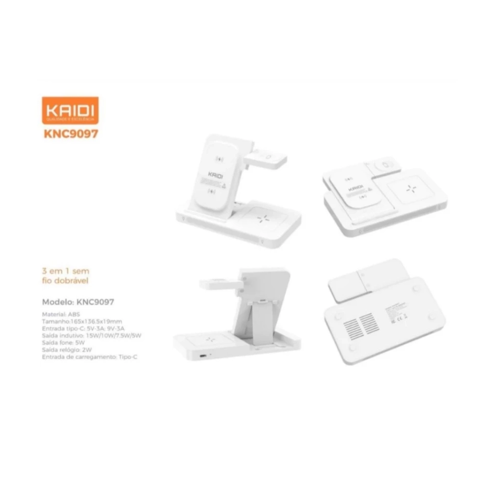 Suporte Carregador Indução Kaidi KNC-9097 Sem Fio 3 Em 1 Dock Station P/ Celular Smartwatch e Fone - 7