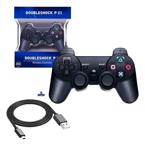 Controle Sem Fio Joystick Para Ps3 + Cabo Carregador Preto - 1