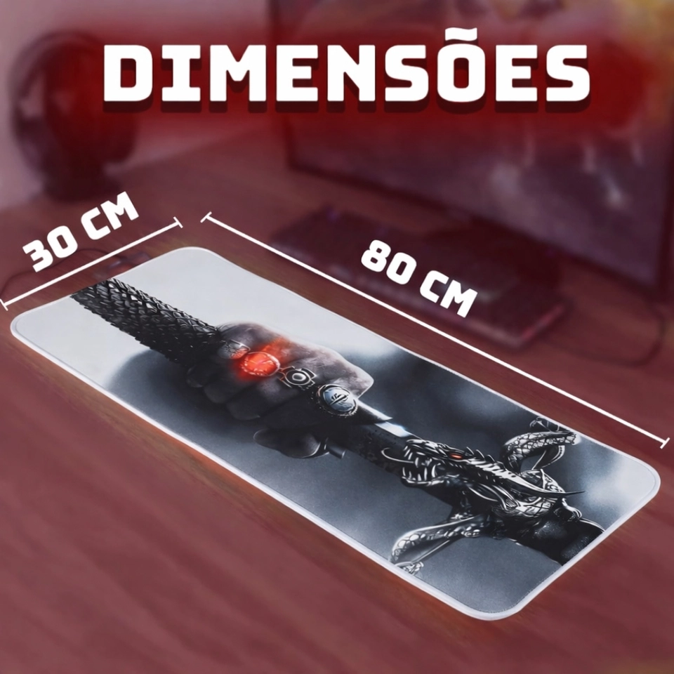 Mousepad Gamer LED RGB 80x30cm Base Borracha Superfície Tecido USB Antiderrapante - imagem 5