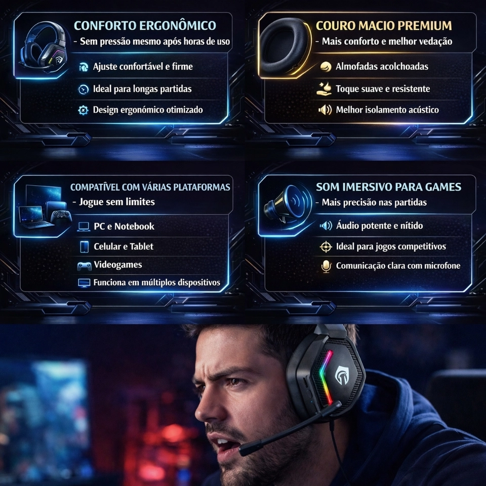 Fone Headset gamer sem fio Bluetooth Com Microfone Original H'maston SNS12 Luz RGB - 5