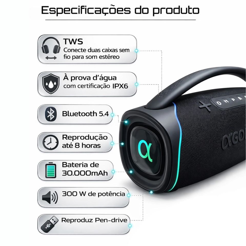 Caixa De Som Bluetooth Potente Tws 300w Grave Agold Ipx6 Preto 127/220v - imagem 3